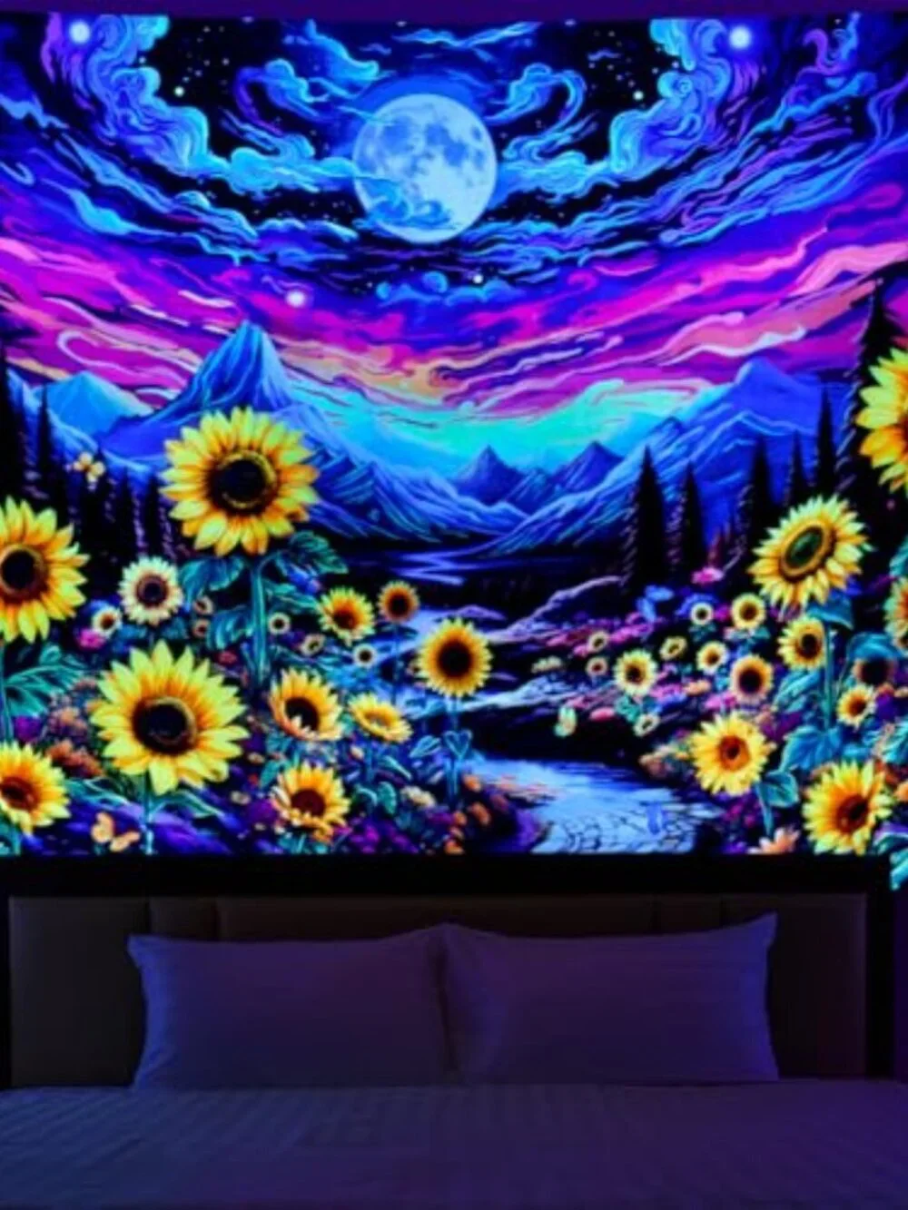 BRAND NEW Blacklight Moon Sunflower Tapestry Starry Night 59.1L x 51.2W